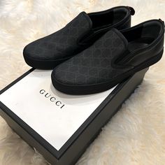 Brand New! Never Worn! Gorgeous Leather, Black, Men’s Slip On Sneakers With Ggs Design In The Front Of The Shoe. Comes With Dust Bags Original Box Original Gucci Gift Bow Gucci Tags Gucci Gift Box Men, Black Loafers With Rubber Sole For Streetwear, Black Leather Loafers For Streetwear, Black Leather Slip-ons For Streetwear, Designer Slip-on Sneakers With Branded Insole, Luxury Black Slip-ons With Round Toe, Designer Black Slip-on Shoes, Luxury Business Slip-on Sneakers, Designer Black Slip-ons With Rubber Sole