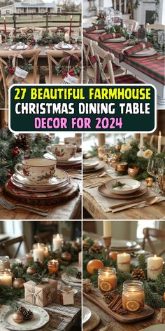 a collage of photos with candles, plates and christmas decorations on the dining room table