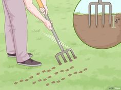 a man is digging in the ground with a garden tool and shovels on it