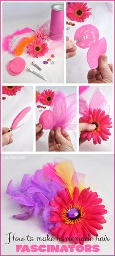 how to make feather flower hair clips with feathers and flowers in pink, yellow and purple colors