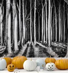 Ghost Forest Wall Mural Spooky Halloween Wallpaper, Goth Interior, Ghost Forest, Maroon Walls, Gothic Interior, Feature Wall Design, Pumpkin Wallpaper, Forest Mural, Forest Wall Mural