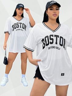 Blanco y Negro Casual Collar manga media Tela Letras,A rayas  Embellished Elástico Ligero All White Outfit Black Women Plus Size, Baseball Shirt Outfit Women, Cloud Clothes, Jersey Dress Outfit, Jersey Fits, Plus Size Summer Fashion