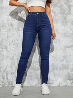 Dark Wash    Denim Plain Skinny Embellished Medium Stretch  Women Denim Winter Jean Outfits, Jean Outfits Ideas, Winter Jeans Outfit, Dark Blue Jeans Outfit, Outfits Jean, Outfit Jean, Jean Outfit, Outfits Con Jeans, Jeans Outfit Winter