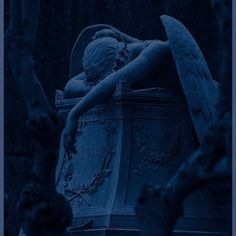 an angel statue with wings resting on it's back in the dark blue light