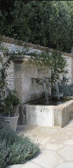 a water fountain in the middle of a stone patio with potted plants on either side