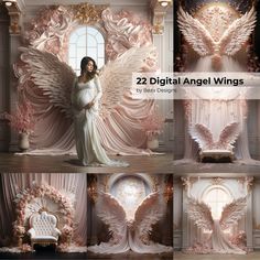 an angel poses for the camera in front of a backdrop with pink flowers and wings