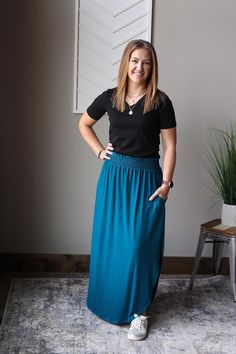 Experience adorable comfort with our Teal Smocked Waist Maxi Skirt! This cute and versatile skirt features a smocked waistband for a flattering fit and side slits for added style. Perfect for winter beach vacations or hot summer days, this skirt will keep you looking and feeling great all day long. Classy CLoset Online Skirt Boutique for Modest Women's Casual Clothing Summer Skirt Outfits, Spring Fashion Outfits Casual, Womens Spring Fashion Outfits, Denim Skirts For Women, Modest Denim Skirts, Skirt Classy, Christian Outfits, Casual Maxi Skirt, Apostolic Clothing