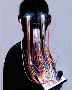 a painting of a person with long hair and wires on their head, holding a book