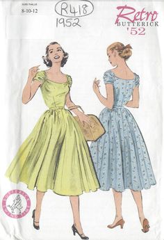 ~ Circa/Date: 1952 ~ Details:  DRESS ~ Size/Measurements (Inches):  ~ Size: 8-10-12   ~ Bust: 31 1/2″-32 1/2″-34″   ~ Waist: 24″-25″-26 1/2″   ~ Hip: 33 1/2″-34 1/2″-36″ ~ Please Note: ~ You are buying a 'Professional Reproduced' copy of this sewing pattern. Copied from the original sewing pattern. Produced in Full Scale Pattern Pieces ready to cut with full instructions included. Reproduced on high quality 50 gm paper with black ink, durable and easier for reuse. Printed by a Professional Printing Company.   ~ With this product comes an accompanying 'Booklet' and inside the Booklet it includes: ~ A 2-page Instructions and Illustrations on 'How to Adjust Your pattern to your Personal Measurement.' ~ Personal Measurement Chart ~ Body Form Illustrations ~ Fitting Checklist ~ Metric Equivalen Vintage A-line Dress With Fitted Waist, Fitted Dress With Vintage Pattern For Vintage Events, Butterick Retro Patterns, Retro Dress Pattern, Mode Disco, Vintage Dress Patterns, Butterick Pattern, Butterick Sewing Pattern, 1950s Style