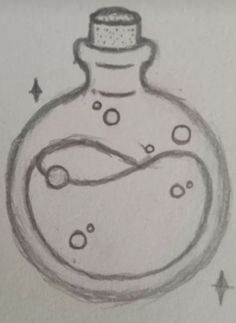 a drawing of a glass bottle with bubbles in it and a star around the bottom