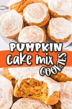 pumpkin cake mix cookies on a plate with the words pumpkin cake mix in front of them