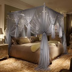 a canopy bed with lights on it in a bedroom