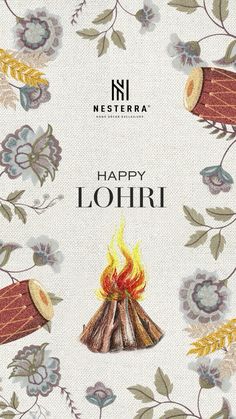 a greeting card with an illustration of a campfire and flowers on the background that says happy lohrii