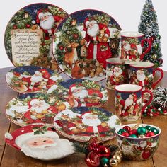 a table topped with plates and cups filled with christmas decorations