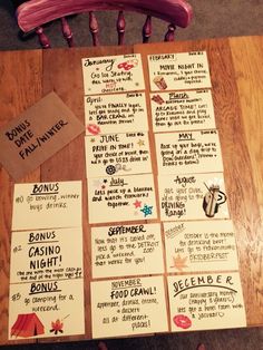 a wooden chair sitting on top of a hard wood floor covered in lots of signs