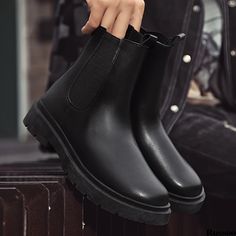 Russoo - Stylish Mens Chelsea Boots: Waterproof, Anti-Skid High-Top Slip-Ons with PU Leather Uppers, Ideal for Outdoor Wear Mens Chelsea Boots, Pu Boots, Boots Waterproof, Chelsea Boots Men, Slip On Boots, Outdoor Wear, Short Boots, Slip Ons, High Top