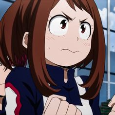 an anime character with brown hair and eyes looking at something in front of her face