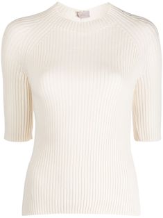 cream white cotton blend ribbed knit open back mock neck three-quarter length sleeves Textured Shirt, Rib Knit Top, Looks Chic, Wool Blend Sweater, Jil Sander, Embroidered Shirt, Three Quarter Sleeves, Quarter Sleeve, White Top