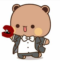 a cartoon bear wearing a tuxedo and holding a red box with a wedding ring in it