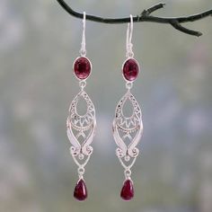 Long Ruby and Garnet Earrings in Sterling Silver from India - Mughal Mystery | NOVICA Dainty Diamond Necklace, Princess Jewelry, Silver Bling, Garnet Earrings, Ruby Jewelry, Sterling Silver Dangle Earrings, Ear Rings, Jewelry Online Shopping, Silver Earrings Dangle