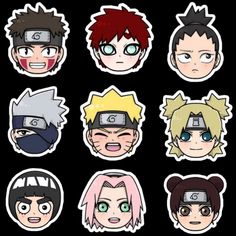 anime stickers with different avatars and hair styles on them, all in black background