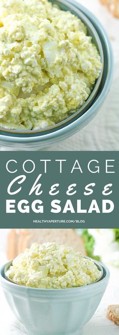 cottage cheese egg salad in a blue bowl and on a white tablecloth with text overlay