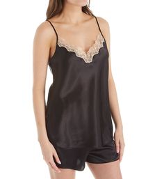 This lightweight, silky satin pajama set features floral lace along neckline for a feminine look. Made of 100% polyester . PJ set includes camisole and matching bottom. Camisole is cut on the bias for flattering drape. Flattering V-neckline is trimmed with contrast lace. Non-stretch straps adjust in the back with goldtone metal hardware. Sleeveless. Pajama top has pullover styling. Bottom has a covered elastic waistband for a comfortable fit. Relaxed-fit legs. Lightweight, woven polyester is gre Silk Lace Trim Camisole For Sleep, Satin Sleepwear With Delicate Lace For Loungewear, Delicate Lace Satin Sleepwear For Loungewear, Silk Sleepwear With Lace Trim For Loungewear, Satin Camisole With Lace Trim For Night, Satin Lace Trim Camisole For Daywear, Night Satin Camisole With Lace Trim, Satin Camisole With Lace Trim For Daywear, Satin Cami Sleepwear With Lace Trim