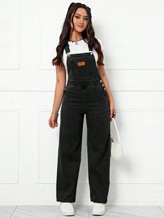 Negro Casual Collar sin mangas Mezclilla Letras Pantalones de tira Embellished No-Elástico Overalls Black Outfit, Top And Bottom Set For Women, Overalls Jumpsuit Outfit, Pinafore Jumpsuit Outfit, Black Denim Overalls Outfit, Overall Jeans Outfit, Dungarees Outfit Women, Black Overall Outfit, Jeans And T Shirt Outfit Women