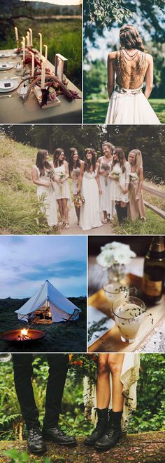 a collage of photos with people in white dresses and wine bottles on the ground