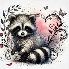 a drawing of a raccoon sitting in front of a heart with flowers and butterflies