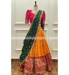 Pathani Half Saree Designs, Half Saree Lehenga Green, Half Saree Duppata Styles, Half Sarees Lehenga, Bandini Lehenga Designs, Orange Half Saree Color Combos, New Models Dresses, Pithani Pattu Lehangas, Paithani Lehenga Half Saree