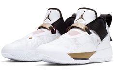 Nike Air Jordan 33 SE EP 'FIBA' White/Gold/Black CK4464-100 Futuristic Shoes, Buy Sneakers, Nike Gold, Marina Blue, Jordan 23, Nike Basketball Shoes, Nike Basketball, University Blue, Puma Fierce Sneaker