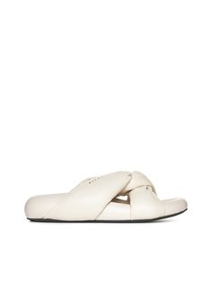 Marni’s Tie ivory padded nappa leather sandals featuring woven front straps, golden printed logo, round toe, rounded chunky insole and flat rubber outsole.WIDTH: WHITE/BLUESize Type: Shoes Ita WomenGender: WomenMaterial: NATURAL (VEGETABLE)->COTTON100 %Color: SEASHELLMade in: ITProduct ID: SAMS018703P544300W23*Import tax/duty will be calculated at checkout (If applicable) Modern Sandals With Woven Sole And Slip-on Design, Modern White Sandals With Rubber Sole, Designer White Sandals With Rubber Sole, White Open Heel Sandals In Calf Leather, White Leather Slides With Flat Heel, White Leather Flat Heel Slides, Cream Leather Slides With Removable Insole, Cream Leather Sandals With Woven Sole, Designer White Sandals With Leather Footbed