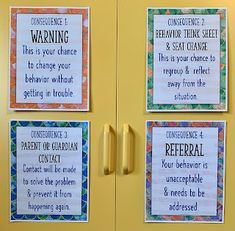 three bulletin boards with different sayings attached to the front of a yellow locker door