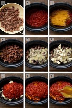 step by step instructions on how to make spaghetti and meat in a slow cooker