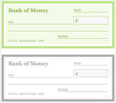 a green and white check card with the words bank of money written on it's side