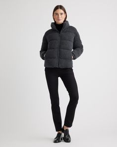 Level up the cozy factor with our 100% Mongolian Cashmere Puffer Jacket. Wrap up in luxe Grade-A Mongolian cashmere with a silk-spandex lining for even more stretchy-smooth softness. The 100% recycled polyester insulation brings plenty of warmth (minus any bulk) and a hidden drawstring waist lets you customize the fit.  | Quince | Women's Mongolian Cashmere Puffer Jacket in Charcoal, Size Medium Luxury Nylon Quilted Puffer Jacket, Quince Mongolian Cashmere, Gray Hooded Nylon Puffer Jacket, Luxury Nylon Women's Puffer Jacket, Insulated Midweight Nylon Puffer Jacket, Light Blue Sapphire, Inner Mongolia, Mink Pink, Pink Brown