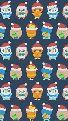 an image of christmas owls with santa hats and balls on their heads, all in different colors