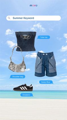 an image of some items that are on the beach and in the air, including shorts