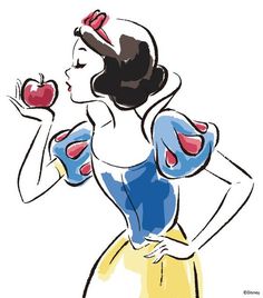 a drawing of snow holding an apple in one hand and wearing a blue dress on the other