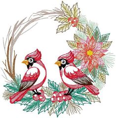 two birds sitting on top of a christmas wreath