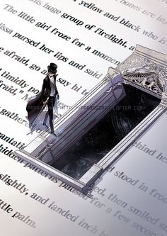 a man in a top hat and coat is standing next to an open book with the words behind him