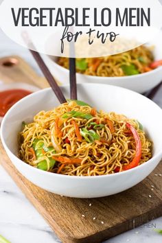 two bowls of noodles with chopsticks on a cutting board next to some dipping sauce