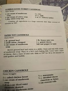 a menu listing the ingredients and instructions for chicken casserole on top of a table