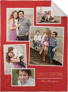 the family is everything flee blanket in red and white with photos of people on it