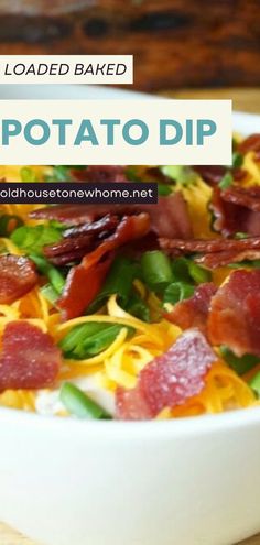 a close up of a bowl of food with the words loaded baked potato dip above it