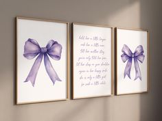 three framed art prints with purple bows and poem on the wall next to each other