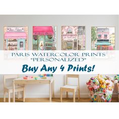 an advertisement for the paris watercolor prints personalized buy any 4 prints on it