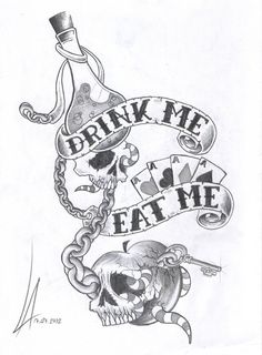 a drawing of a skull with a hat on it's head and the words drink me eat me