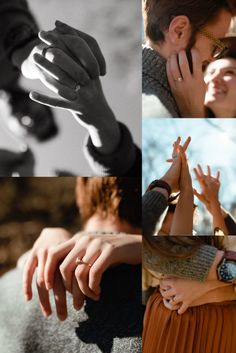 four different shots of people holding hands and touching each other's faces with their fingers